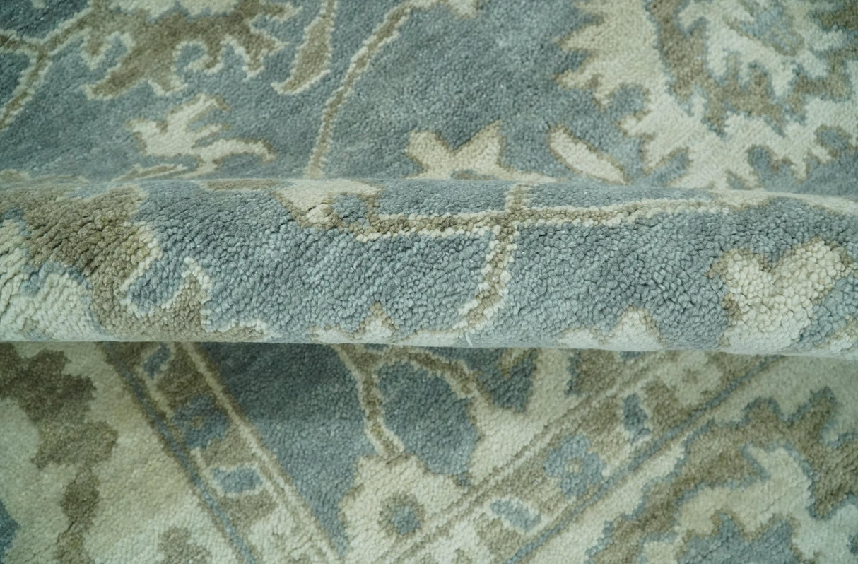 Gray, Ivory and Green Hand Knotted Traditional Oriental Oushak 9x12 wool Area Rug