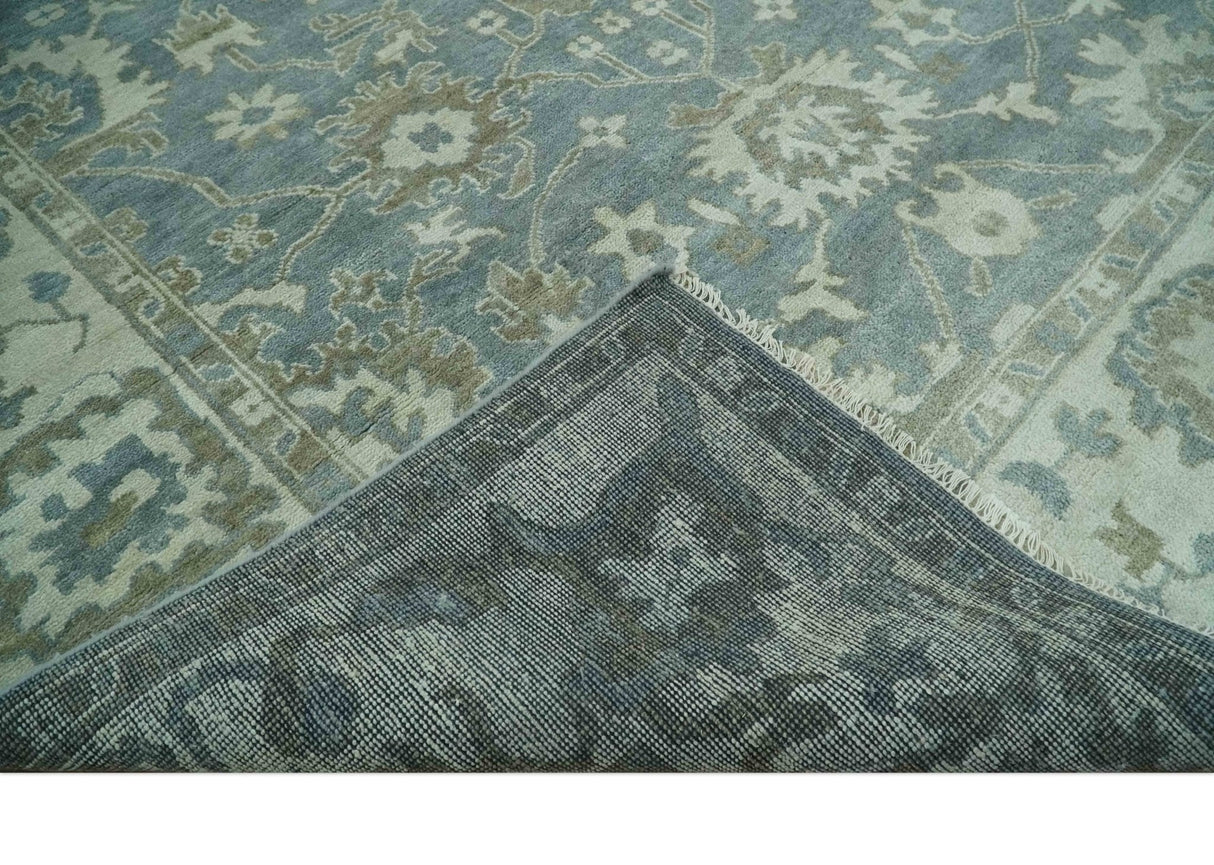 Gray, Ivory and Green Hand Knotted Traditional Oriental Oushak 9x12 wool Area Rug