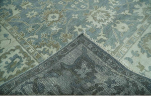Gray, Ivory and Green Hand Knotted Traditional Oriental Oushak 9x12 wool Area Rug