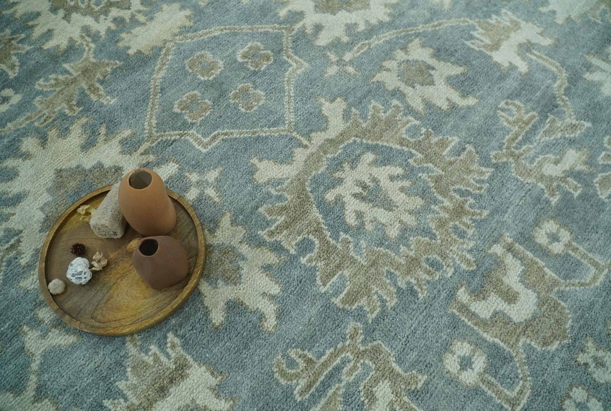 Gray, Ivory and Green Hand Knotted Traditional Oriental Oushak 9x12 wool Area Rug
