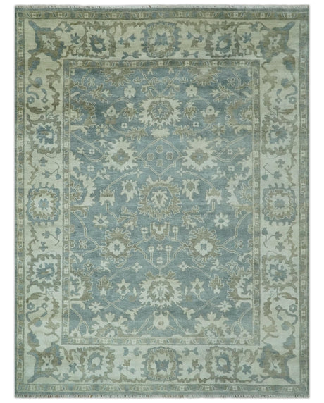 Gray, Ivory and Green Hand Knotted Traditional Oriental Oushak 9x12 wool Area Rug