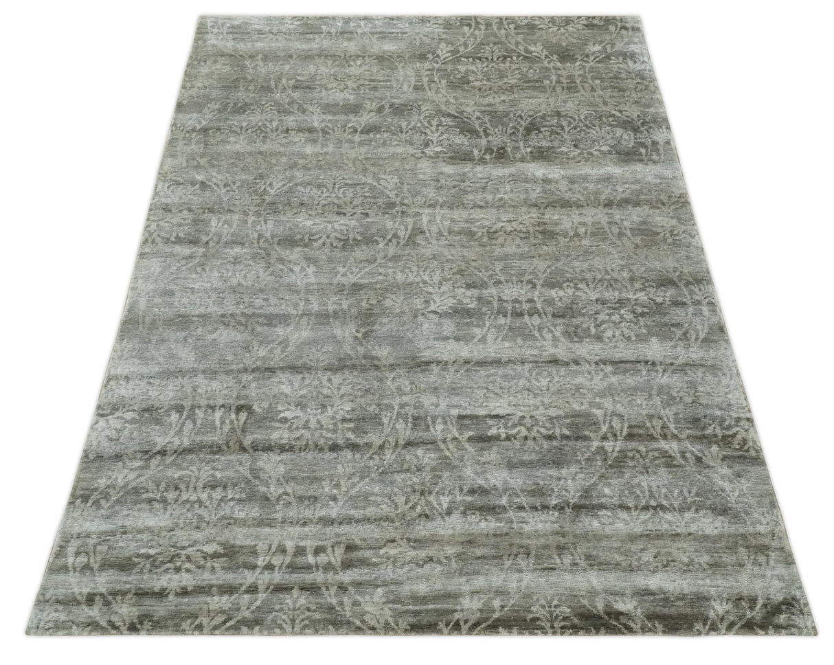 Gray, Silver and Charcoal Traditional ikat design 6x9 Hand knotted wool and Bamboo Silk area Rug