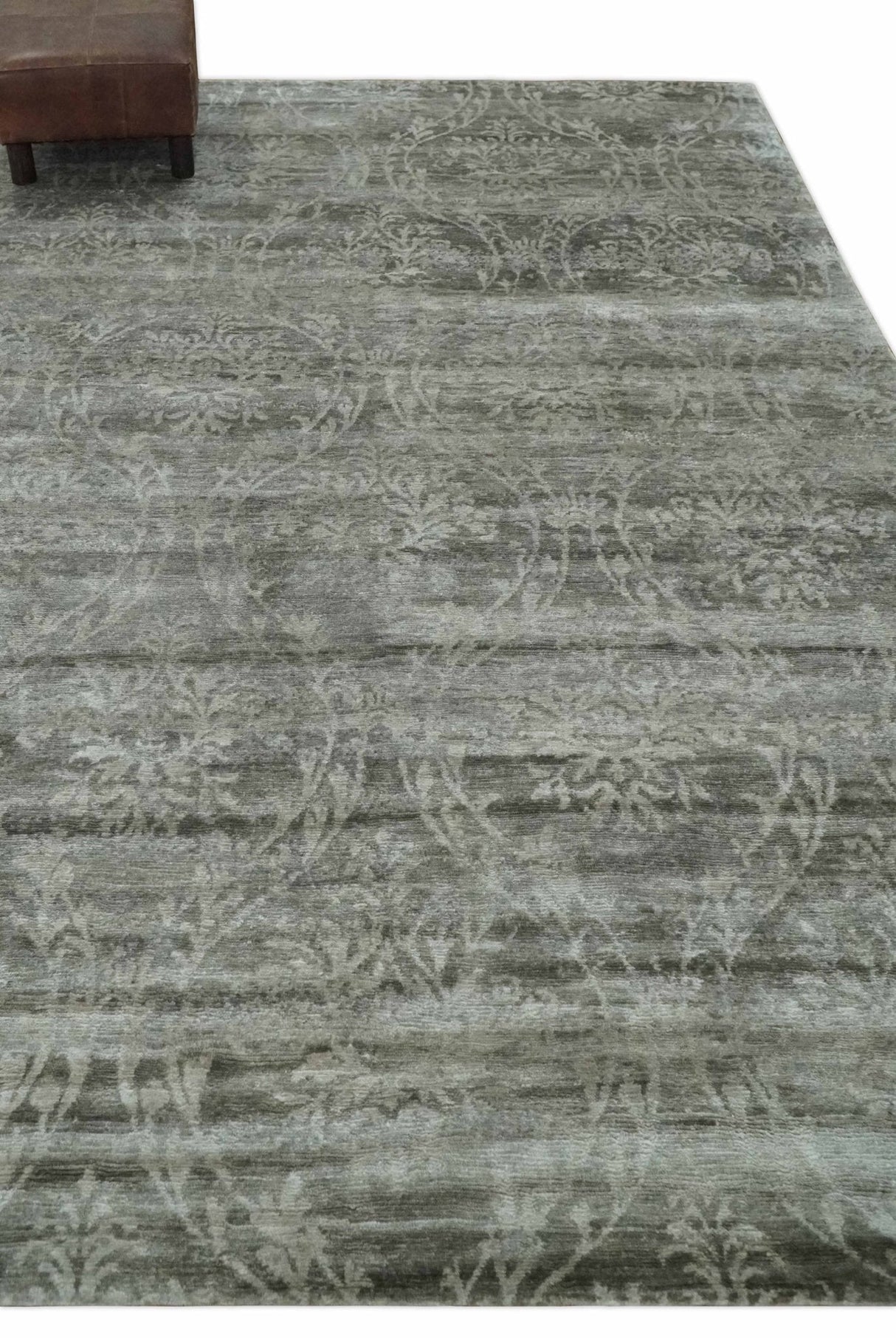 Gray, Silver and Charcoal Traditional ikat design 6x9 Hand knotted wool and Bamboo Silk area Rug