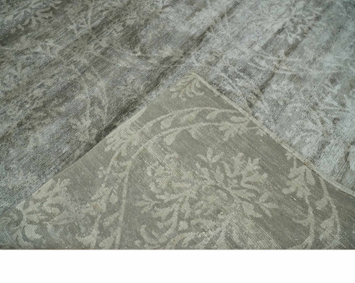 Gray, Silver and Charcoal Traditional ikat design 6x9 Hand knotted wool and Bamboo Silk area Rug