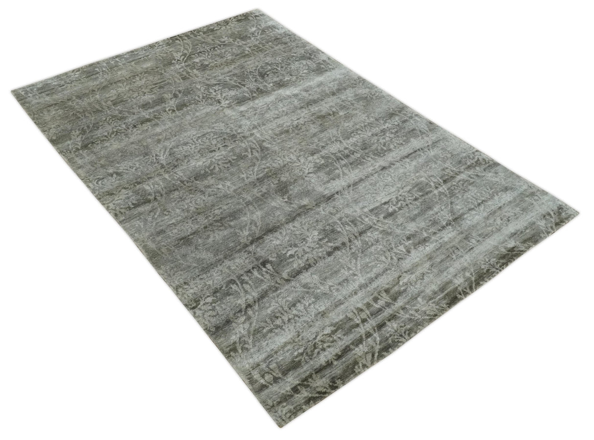 Gray, Silver and Charcoal Traditional ikat design 6x9 Hand knotted wool and Bamboo Silk area Rug