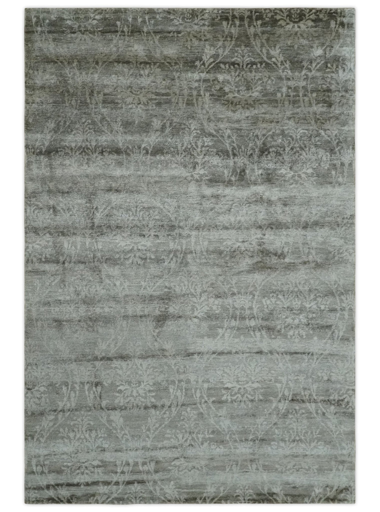 Gray, Silver and Charcoal Traditional ikat design 6x9 Hand knotted wool and Bamboo Silk area Rug