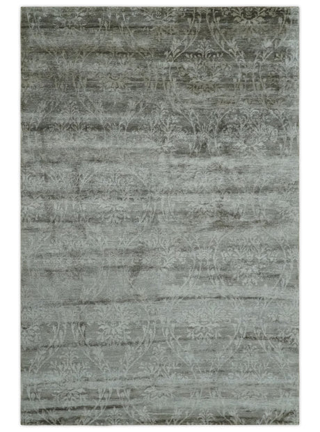 Gray, Silver and Charcoal Traditional ikat design 6x9 Hand knotted wool and Bamboo Silk area Rug
