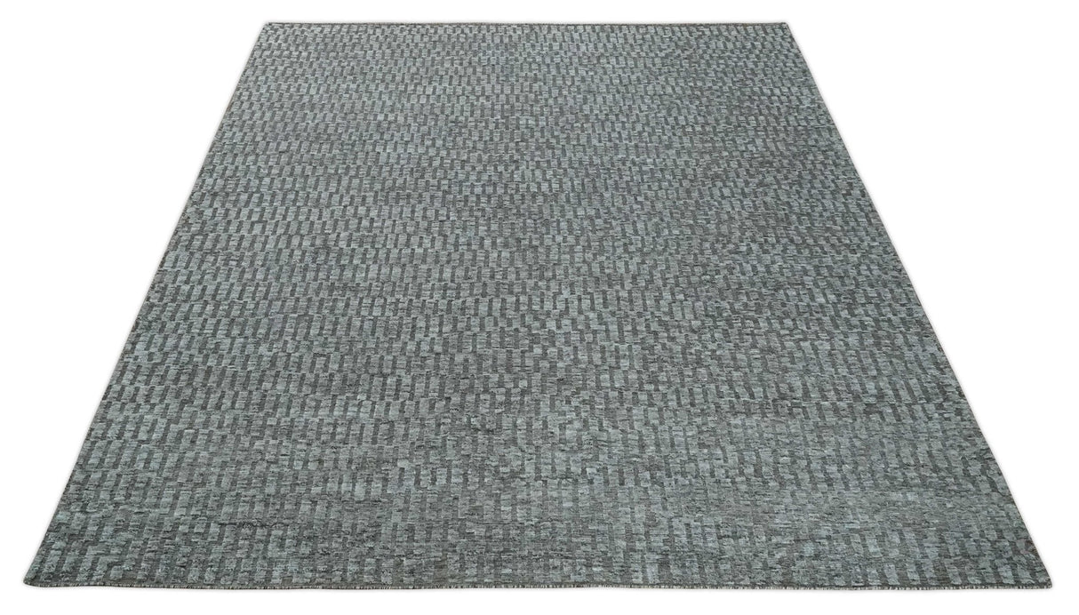Gray and Charcoal Geometrical Bricks Design Hand carved Texture Hand Knotted 10x14 Wool and Silk Area Rug