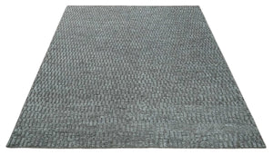 Gray and Charcoal Geometrical Bricks Design Hand carved Texture Hand Knotted 10x14 Wool and Silk Area Rug