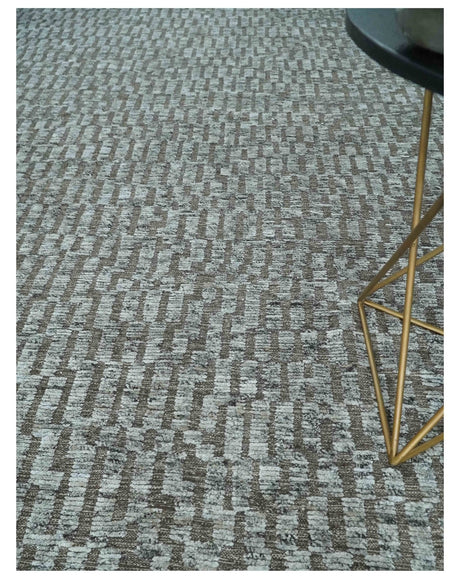 Gray and Charcoal Geometrical Bricks Design Hand carved Texture Hand Knotted 10x14 Wool and Silk Area Rug