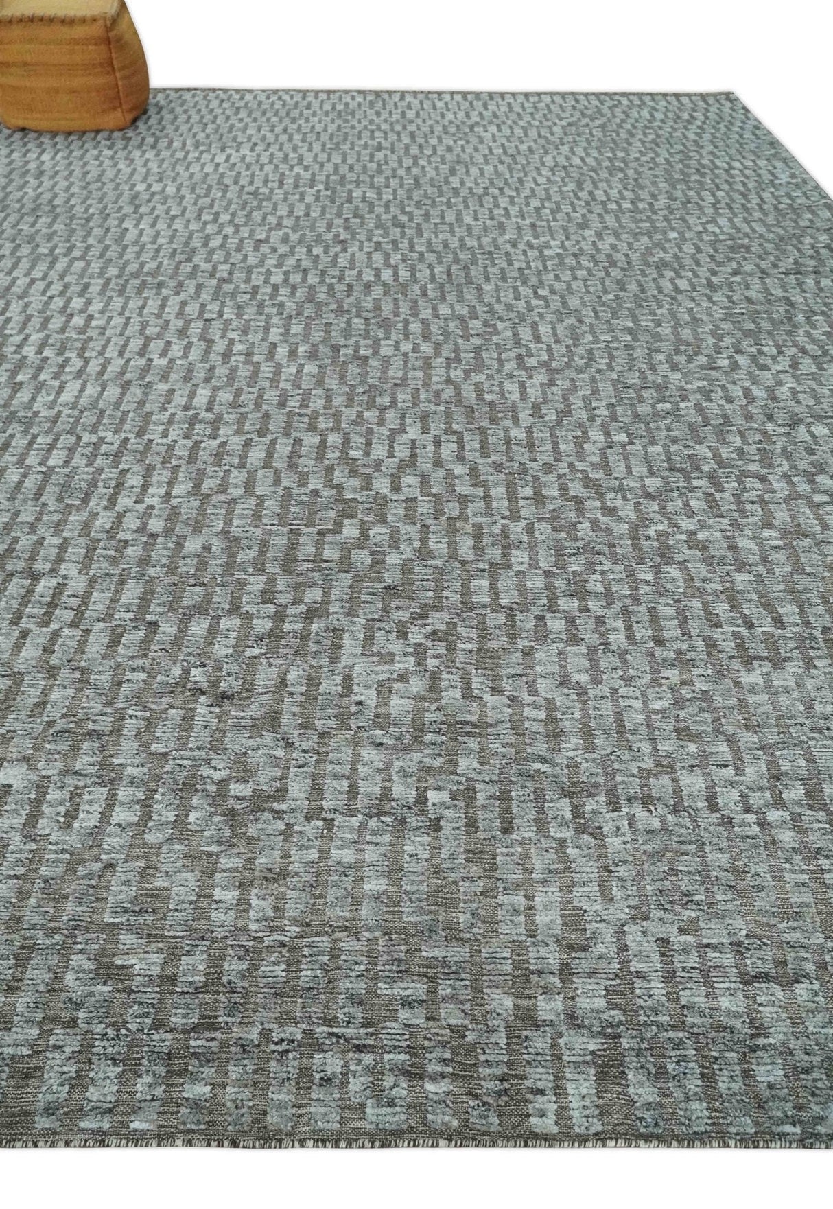Gray and Charcoal Geometrical Bricks Design Hand carved Texture Hand Knotted 10x14 Wool and Silk Area Rug