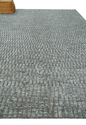 Gray and Charcoal Geometrical Bricks Design Hand carved Texture Hand Knotted 10x14 Wool and Silk Area Rug