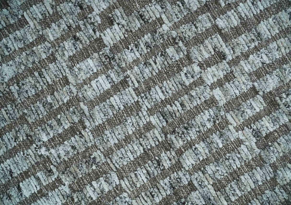 Gray and Charcoal Geometrical Bricks Design Hand carved Texture Hand Knotted 10x14 Wool and Silk Area Rug