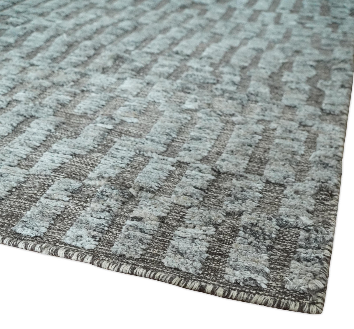 Gray and Charcoal Geometrical Bricks Design Hand carved Texture Hand Knotted 10x14 Wool and Silk Area Rug
