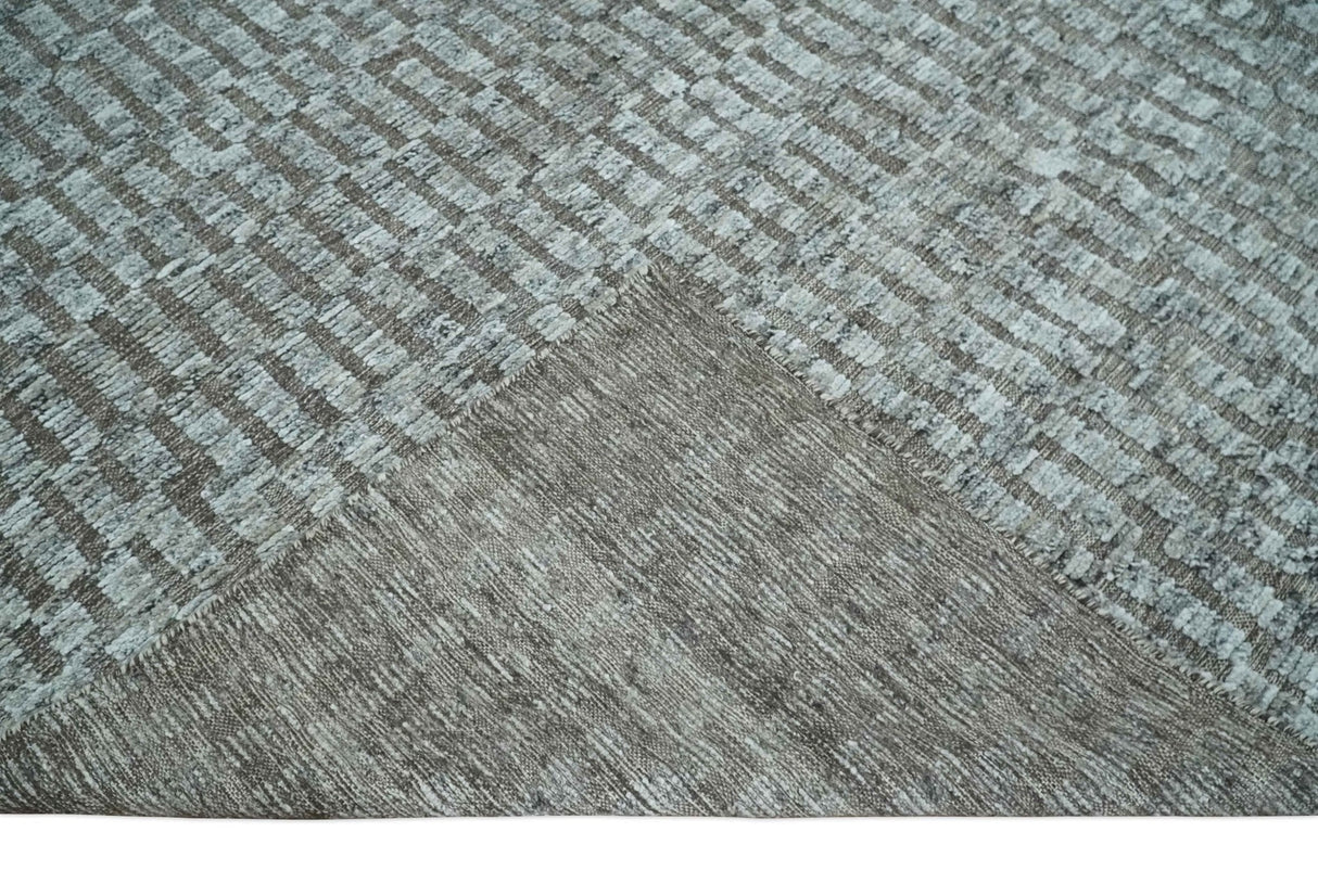 Gray and Charcoal Geometrical Bricks Design Hand carved Texture Hand Knotted 10x14 Wool and Silk Area Rug