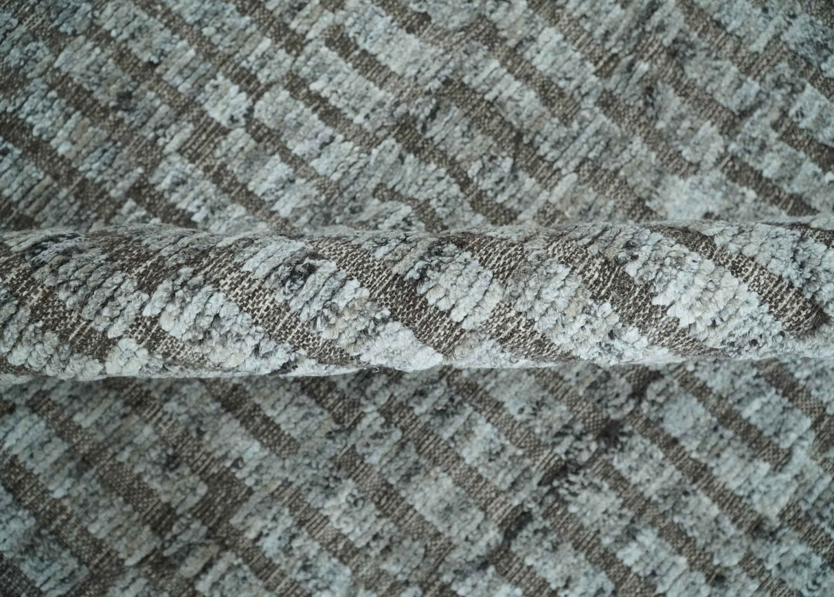 Gray and Charcoal Geometrical Bricks Design Hand carved Texture Hand Knotted 10x14 Wool and Silk Area Rug