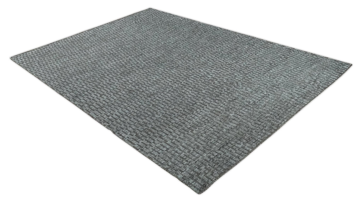 Gray and Charcoal Geometrical Bricks Design Hand carved Texture Hand Knotted 10x14 Wool and Silk Area Rug