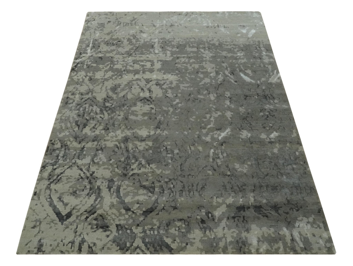 Gray and Silver Modern Abstract Hand knotted 6x9 Wool and Art Silk Area Rug