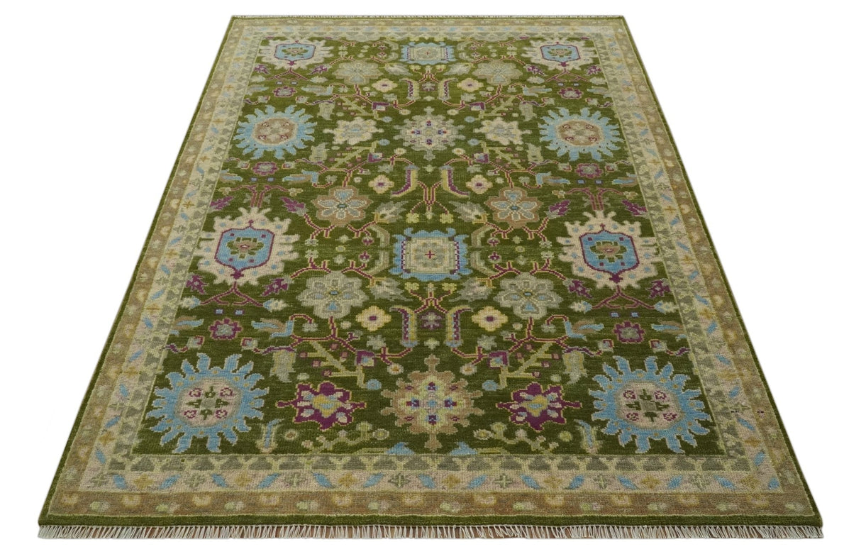 Green, Beige and Purple 8x10 Hand Knotted Traditional Oushak wool area rug