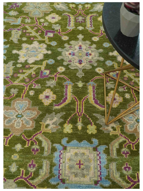 Green, Beige and Purple 8x10 Hand Knotted Traditional Oushak wool area rug