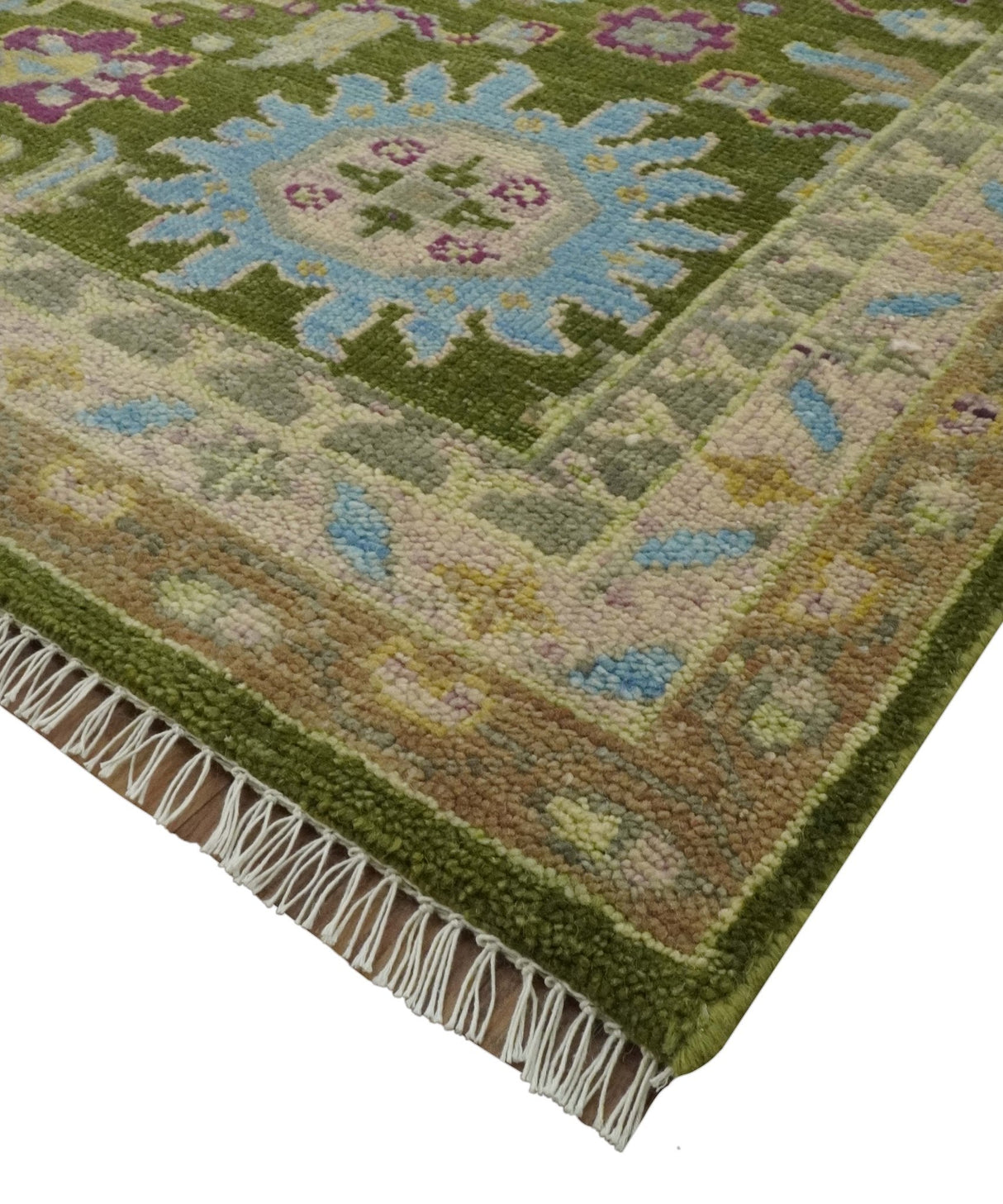 Green, Beige and Purple 8x10 Hand Knotted Traditional Oushak wool area rug
