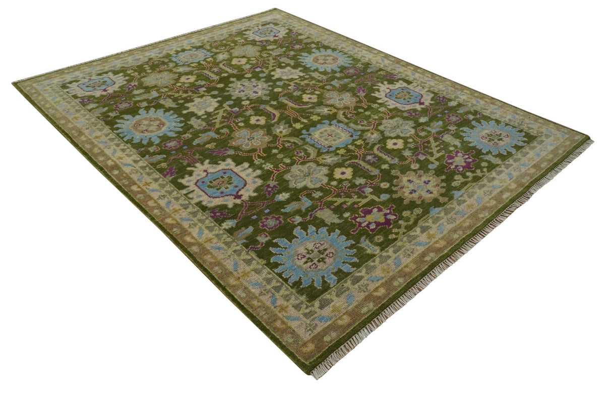 Green, Beige and Purple 8x10 Hand Knotted Traditional Oushak wool area rug