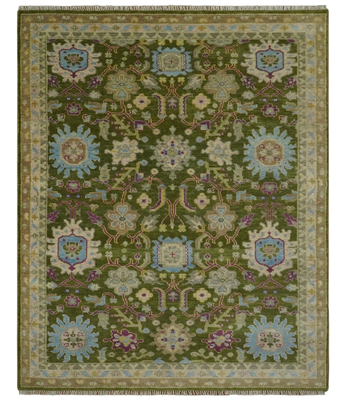 Green, Beige and Purple 8x10 Hand Knotted Traditional Oushak wool area rug