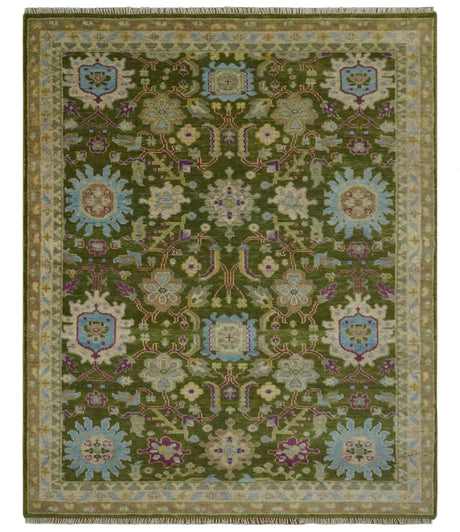 Green, Beige and Purple 8x10 Hand Knotted Traditional Oushak wool area rug