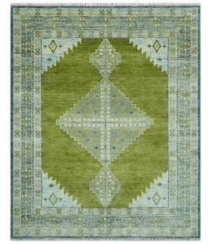 Green, Blue and Gray Hand Knotted Traditional Heriz 8x10 wool area rug