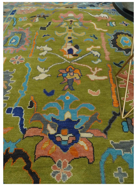 Green, Gray and Peach Vibrant Colorful Hand knotted Traditional Oushak 8x10 and 9x12 wool Area Rug