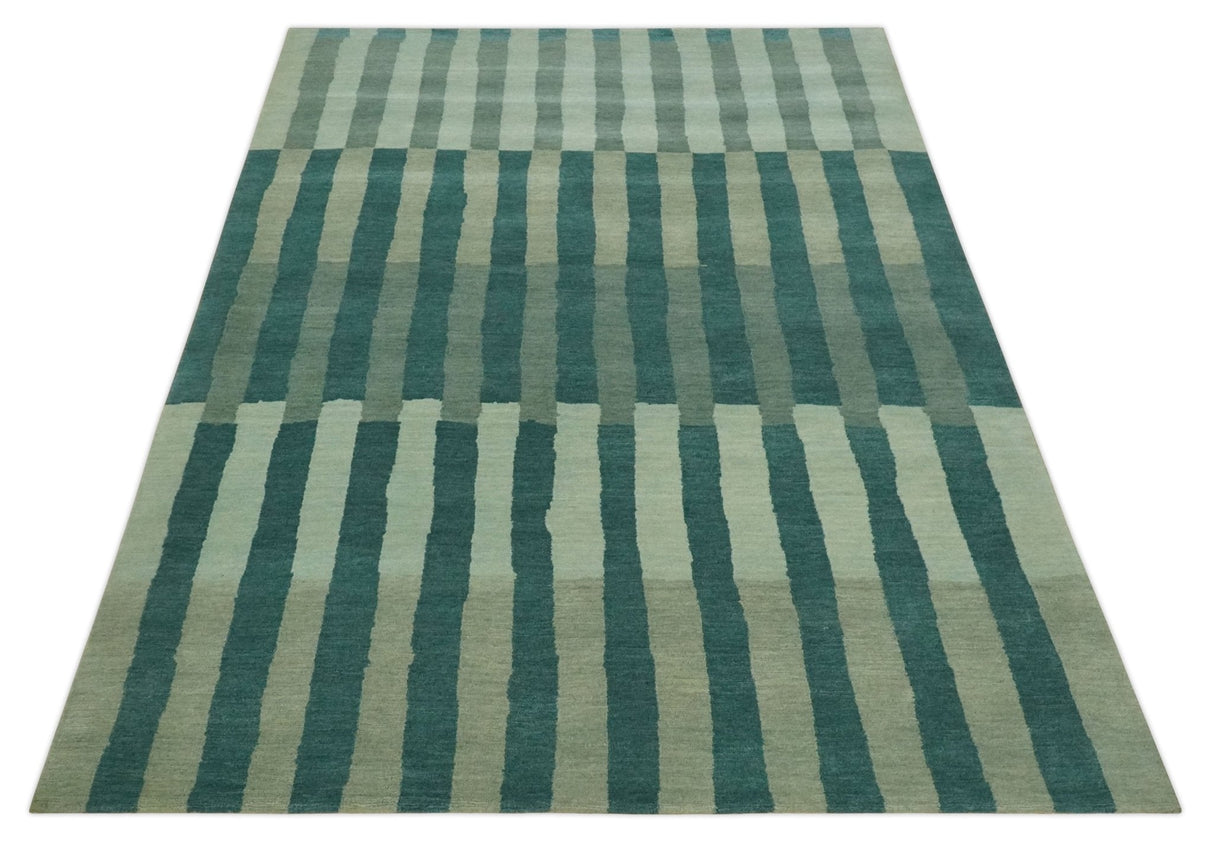 Green, Ivory and Beige Stripes Pattern Hand knotted 5.6x8 wool Area Rug