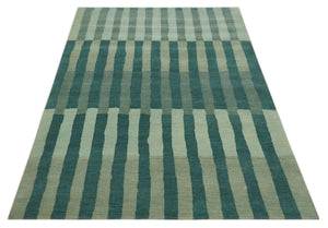 Green, Ivory and Beige Stripes Pattern Hand knotted 5.6x8 wool Area Rug