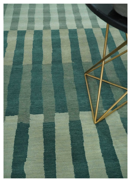 Green, Ivory and Beige Stripes Pattern Hand knotted 5.6x8 wool Area Rug