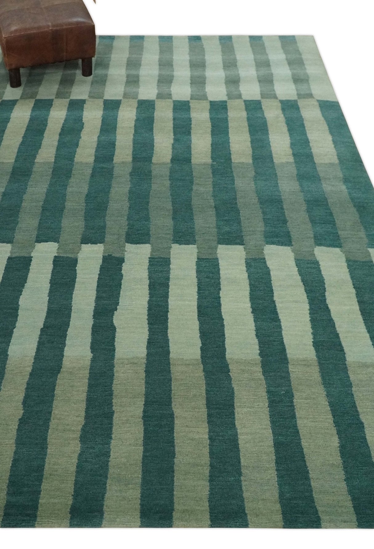 Green, Ivory and Beige Stripes Pattern Hand knotted 5.6x8 wool Area Rug