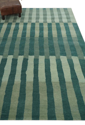 Green, Ivory and Beige Stripes Pattern Hand knotted 5.6x8 wool Area Rug