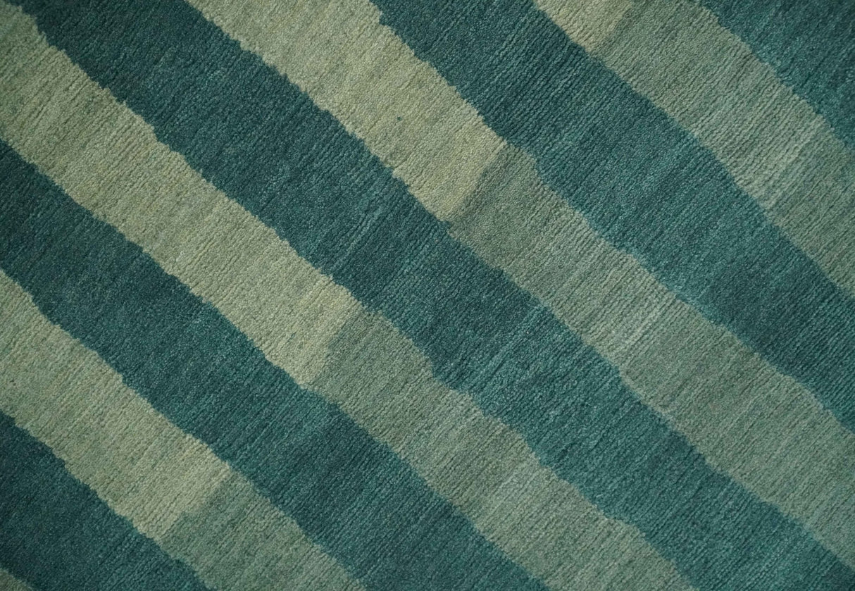 Green, Ivory and Beige Stripes Pattern Hand knotted 5.6x8 wool Area Rug