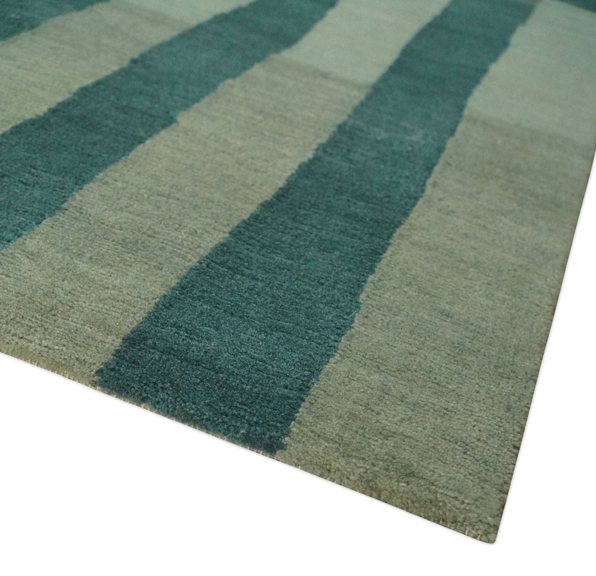 Green, Ivory and Beige Stripes Pattern Hand knotted 5.6x8 wool Area Rug
