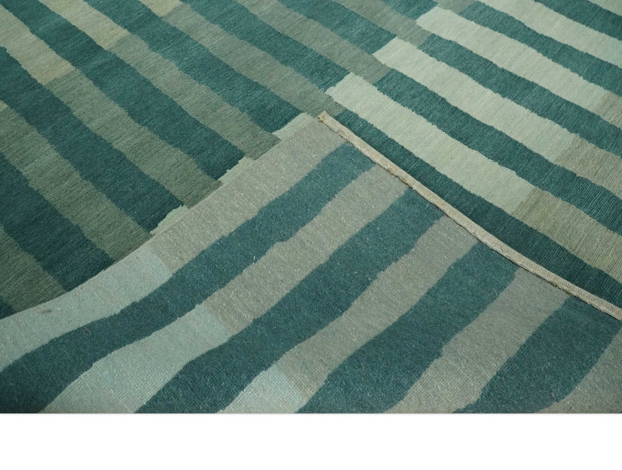 Green, Ivory and Beige Stripes Pattern Hand knotted 5.6x8 wool Area Rug