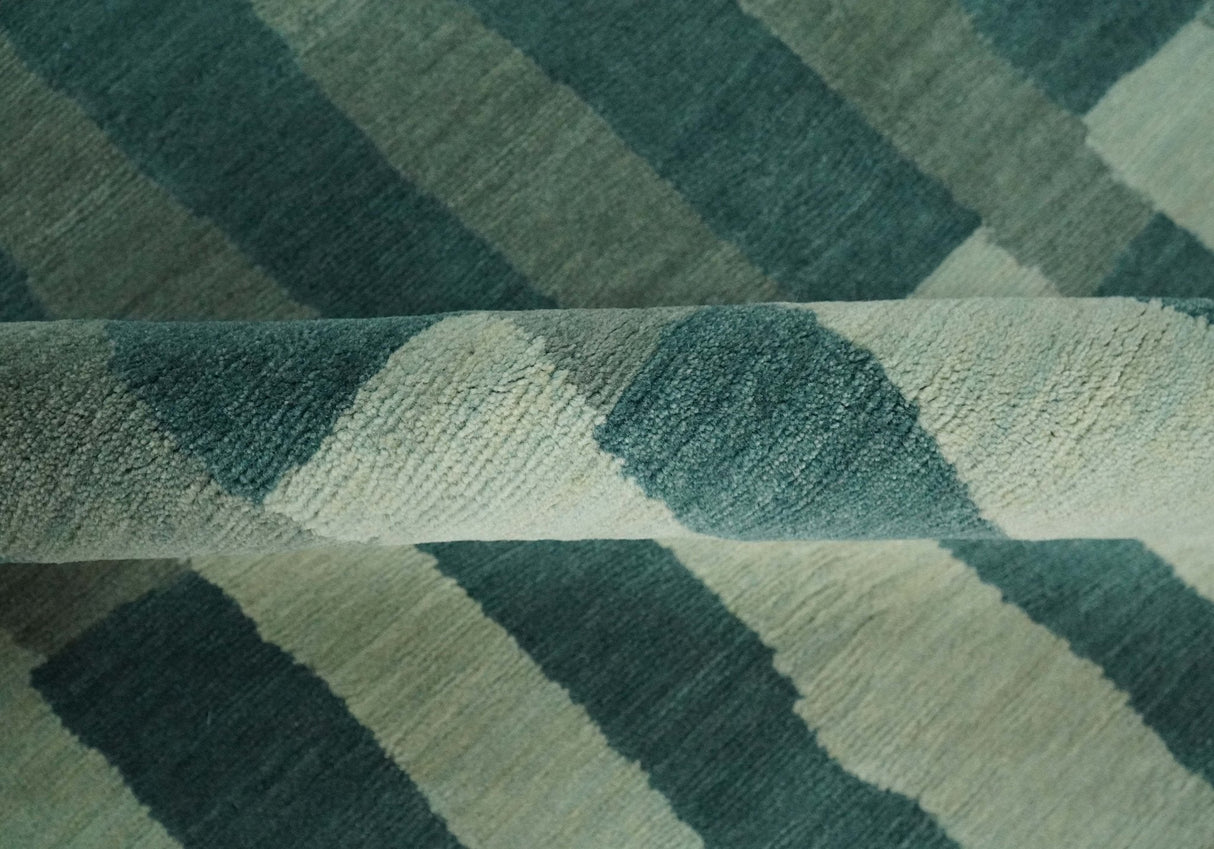 Green, Ivory and Beige Stripes Pattern Hand knotted 5.6x8 wool Area Rug