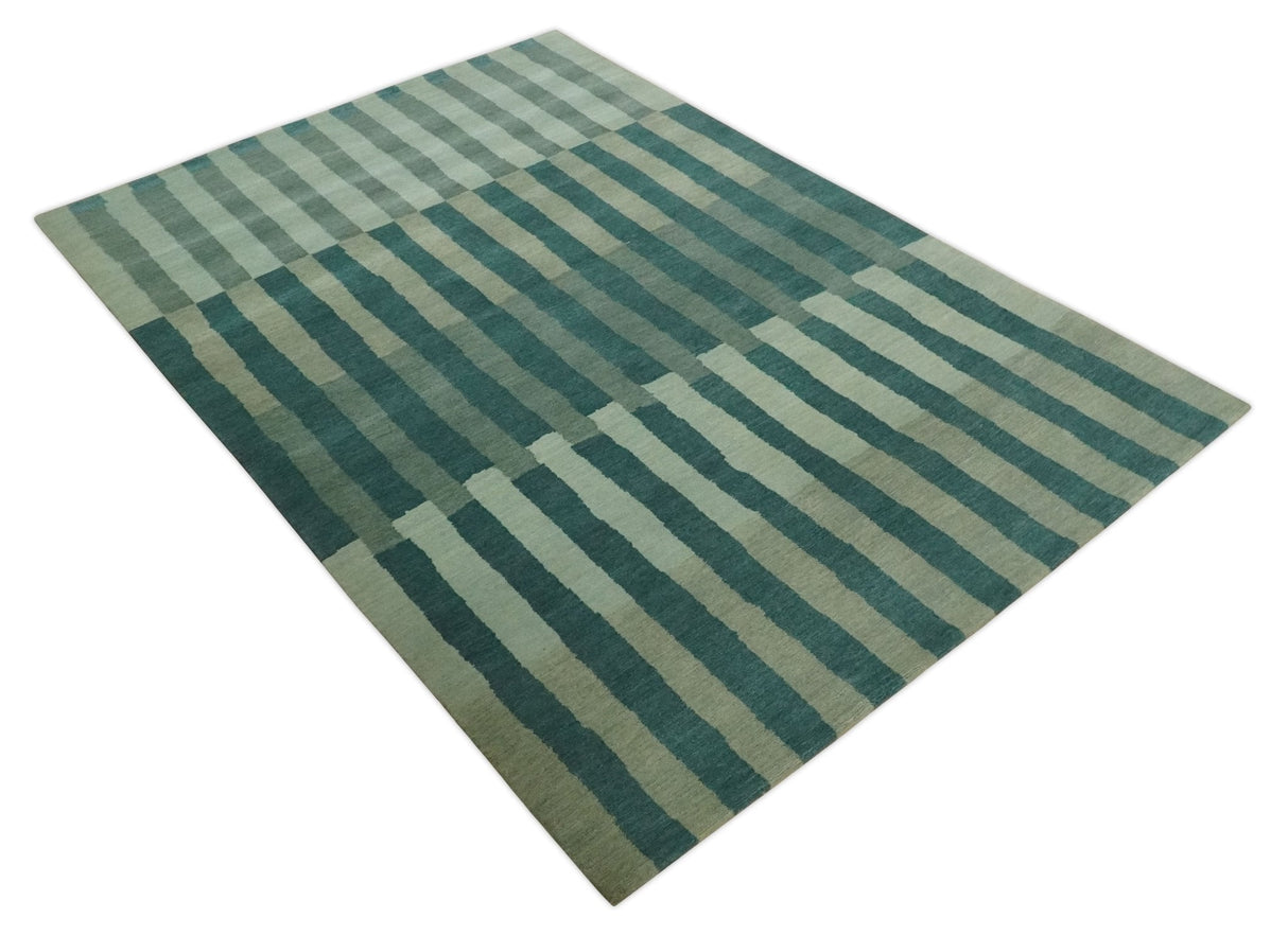 Green, Ivory and Beige Stripes Pattern Hand knotted 5.6x8 wool Area Rug