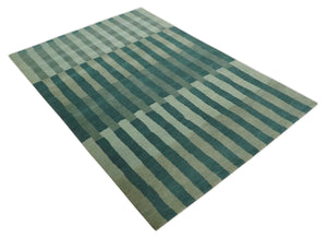 Green, Ivory and Beige Stripes Pattern Hand knotted 5.6x8 wool Area Rug