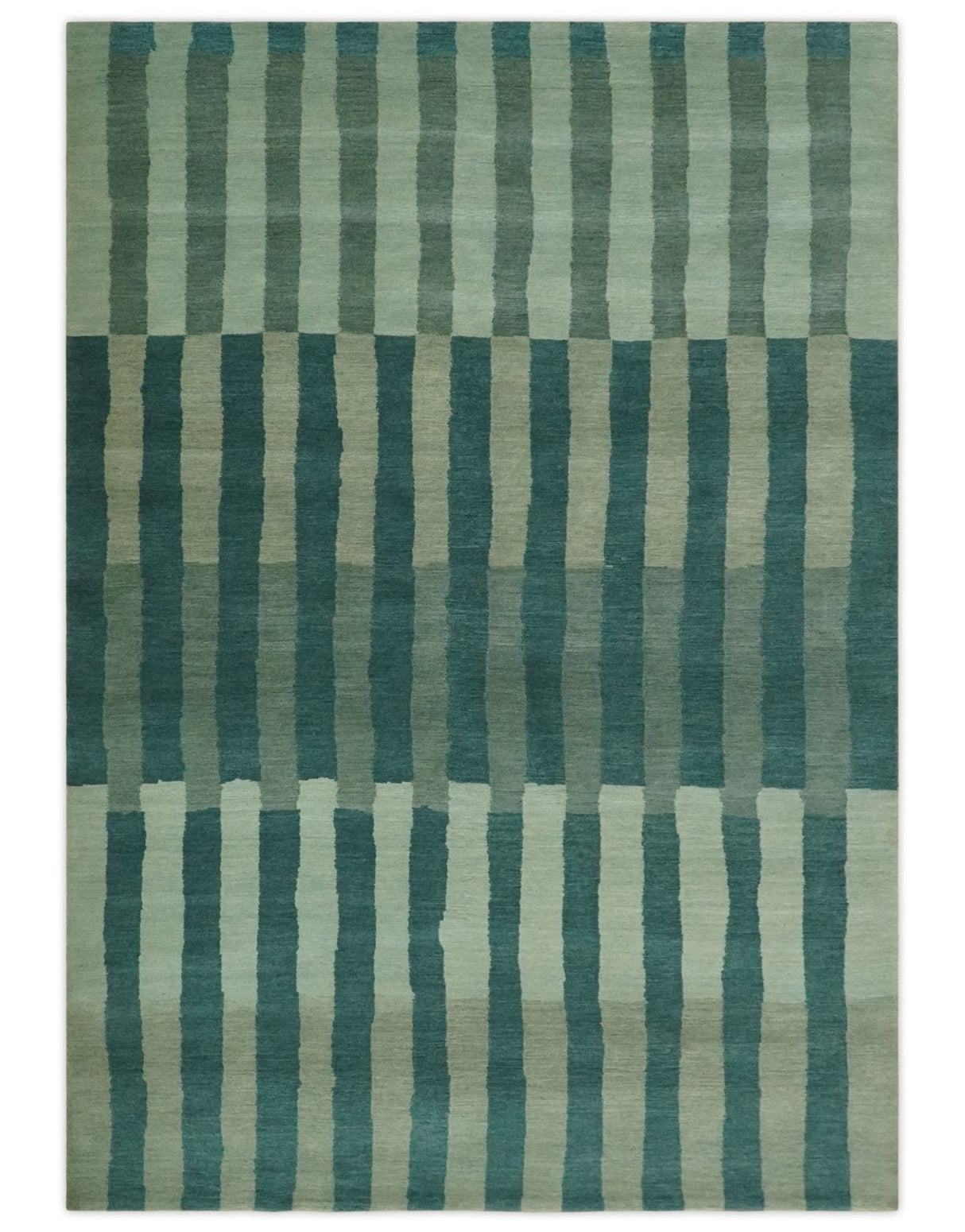 Green, Ivory and Beige Stripes Pattern Hand knotted 5.6x8 wool Area Rug