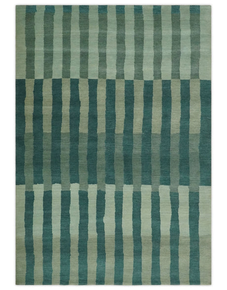 Green, Ivory and Beige Stripes Pattern Hand knotted 5.6x8 wool Area Rug