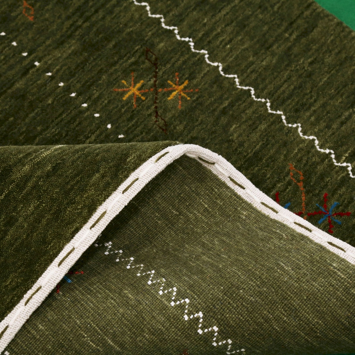 Green Modern Gabbeh Border Design Hand Loomed Wool Area Rug