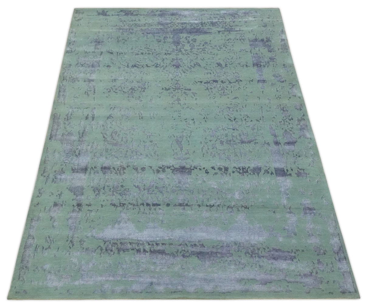 Green, Silver, Gray and Charcoal Modern Abstract Hand knotted 6x9 Wool and Viscose area Rug