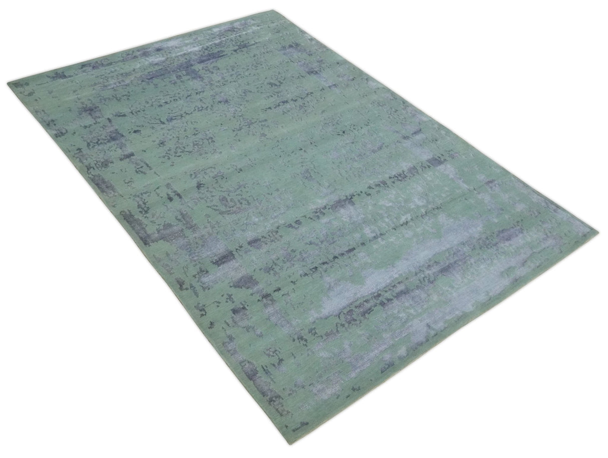 Green, Silver, Gray and Charcoal Modern Abstract Hand knotted 6x9 Wool and Viscose area Rug