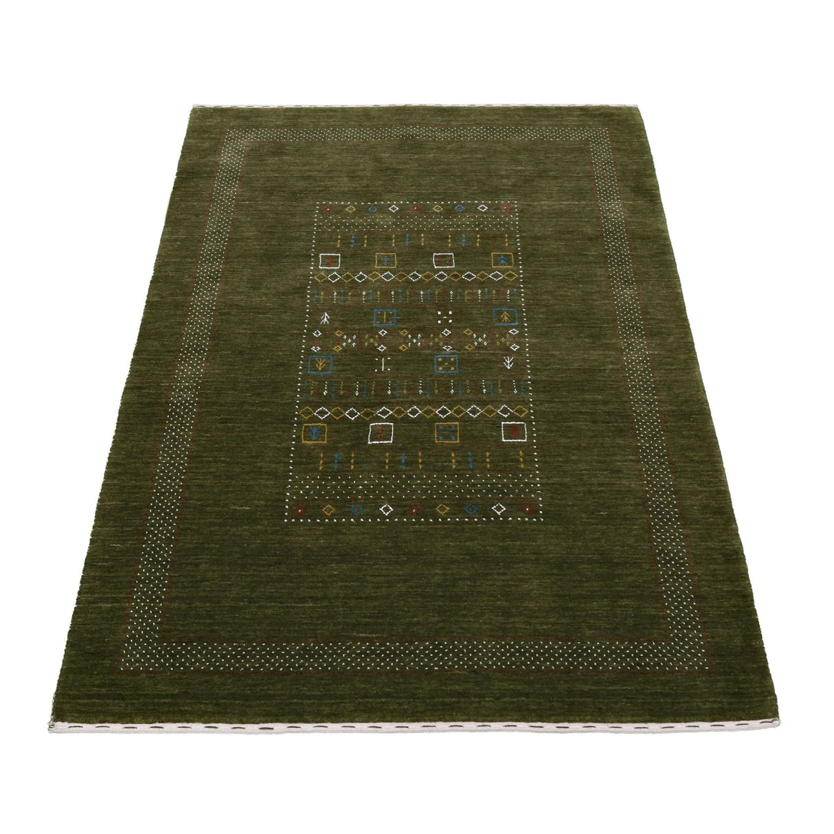 Green Tribal Center Pattern Hand Loomed Wool Area Rug