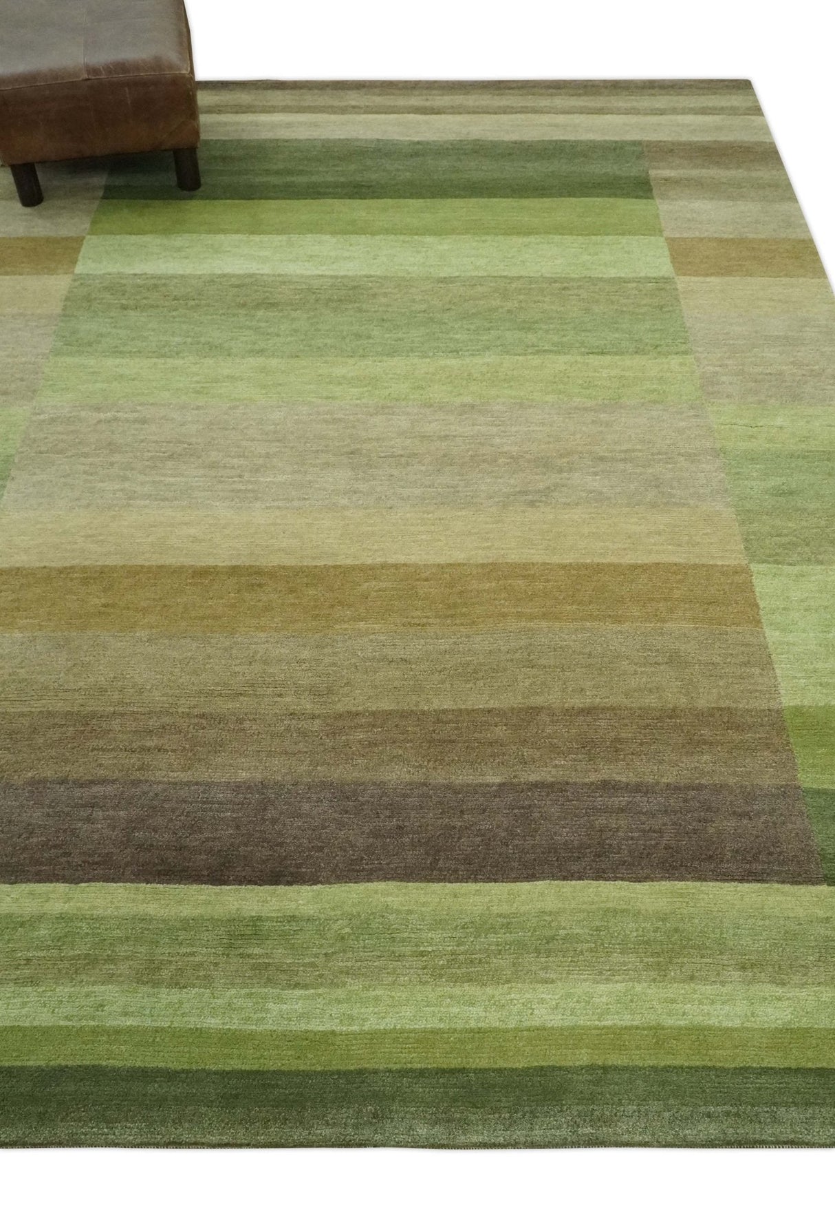 Green and Brown Shades Modern Stripes Design 6x8 Hand loom Wool area Rug