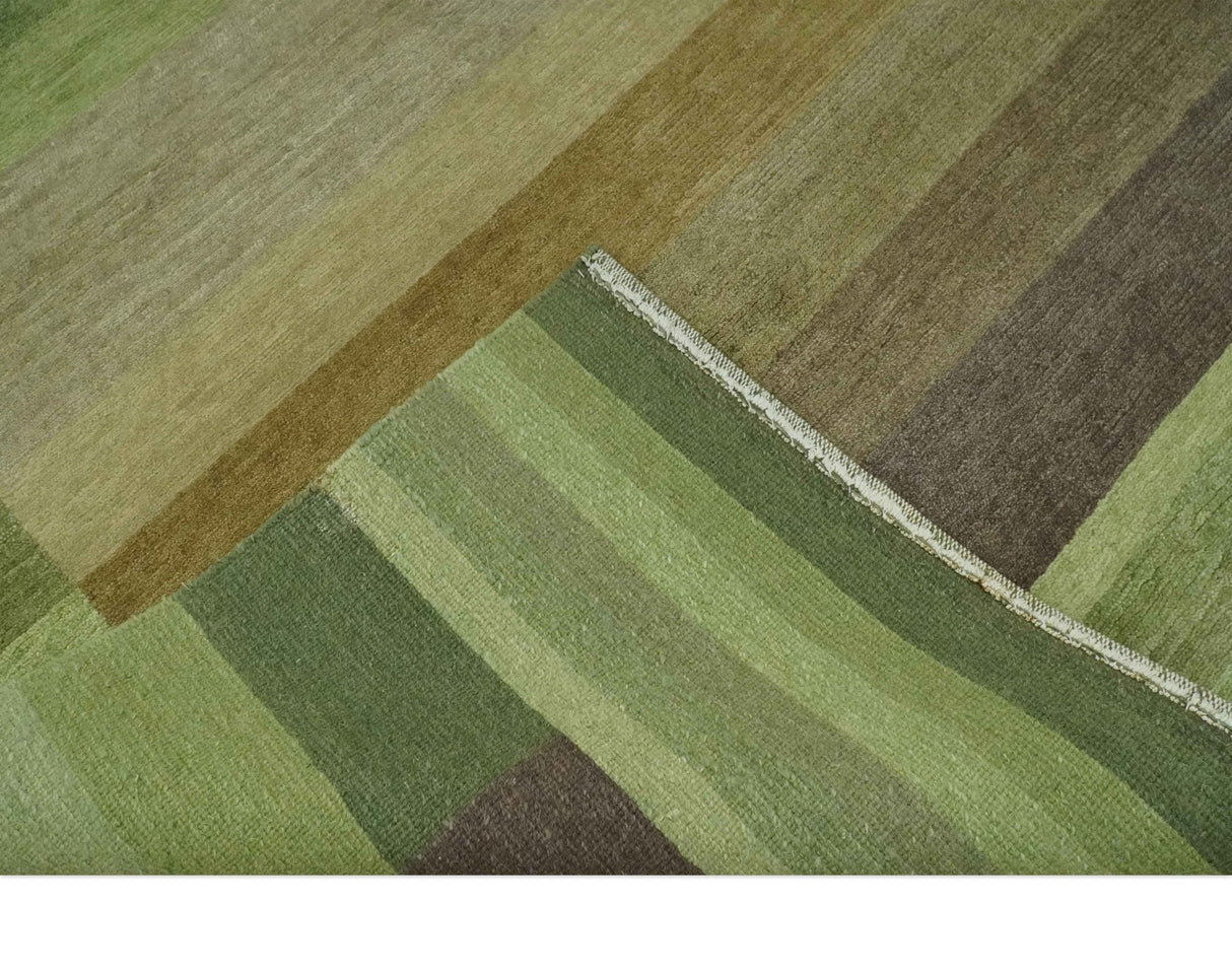Green and Brown Shades Modern Stripes Design 6x8 Hand loom Wool area Rug