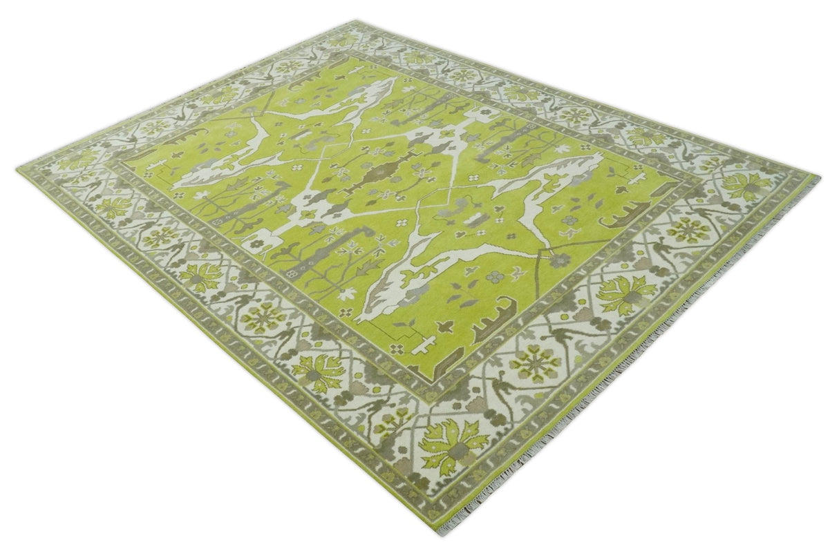 Green and Ivory Hand knotted Oriental Oushak Multi Size wool Area Rug